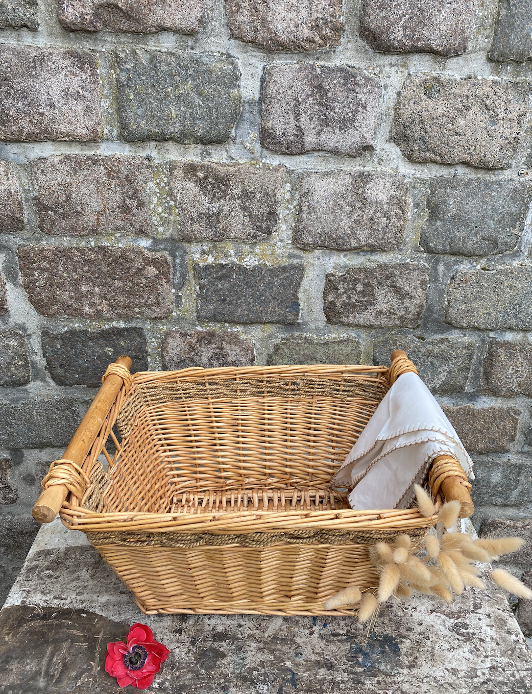 Grand panier osier, corde & bois