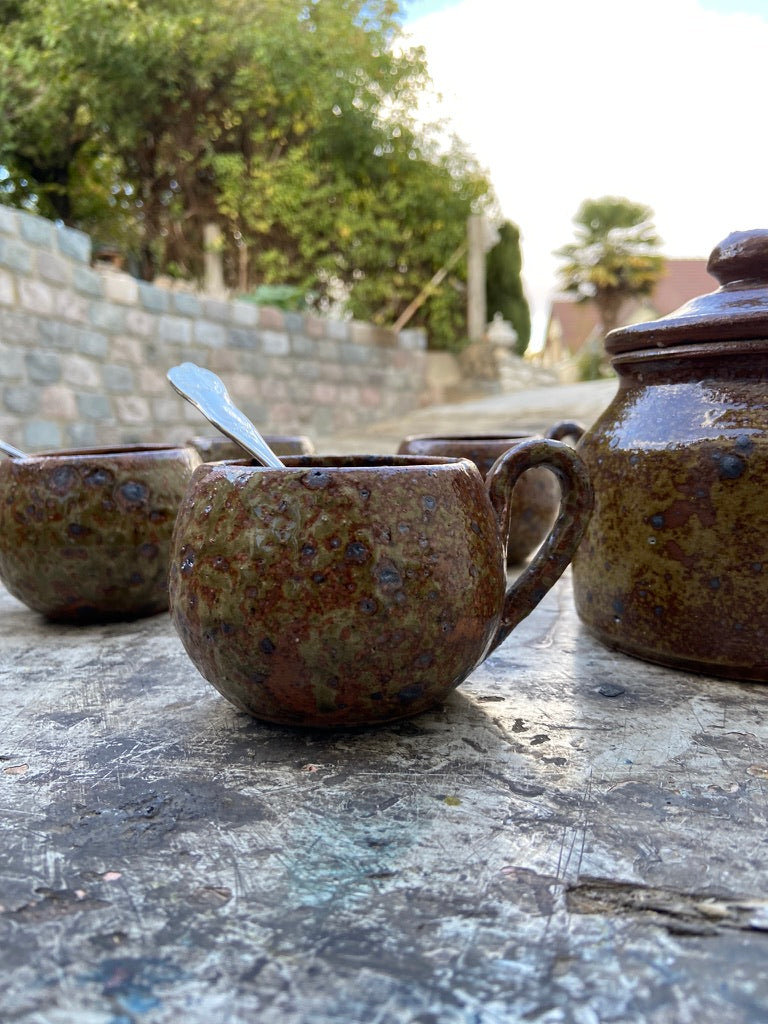 Tasses boule en grès & Sucrier
