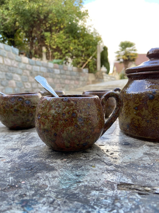 Tasses boule en grès & Sucrier
