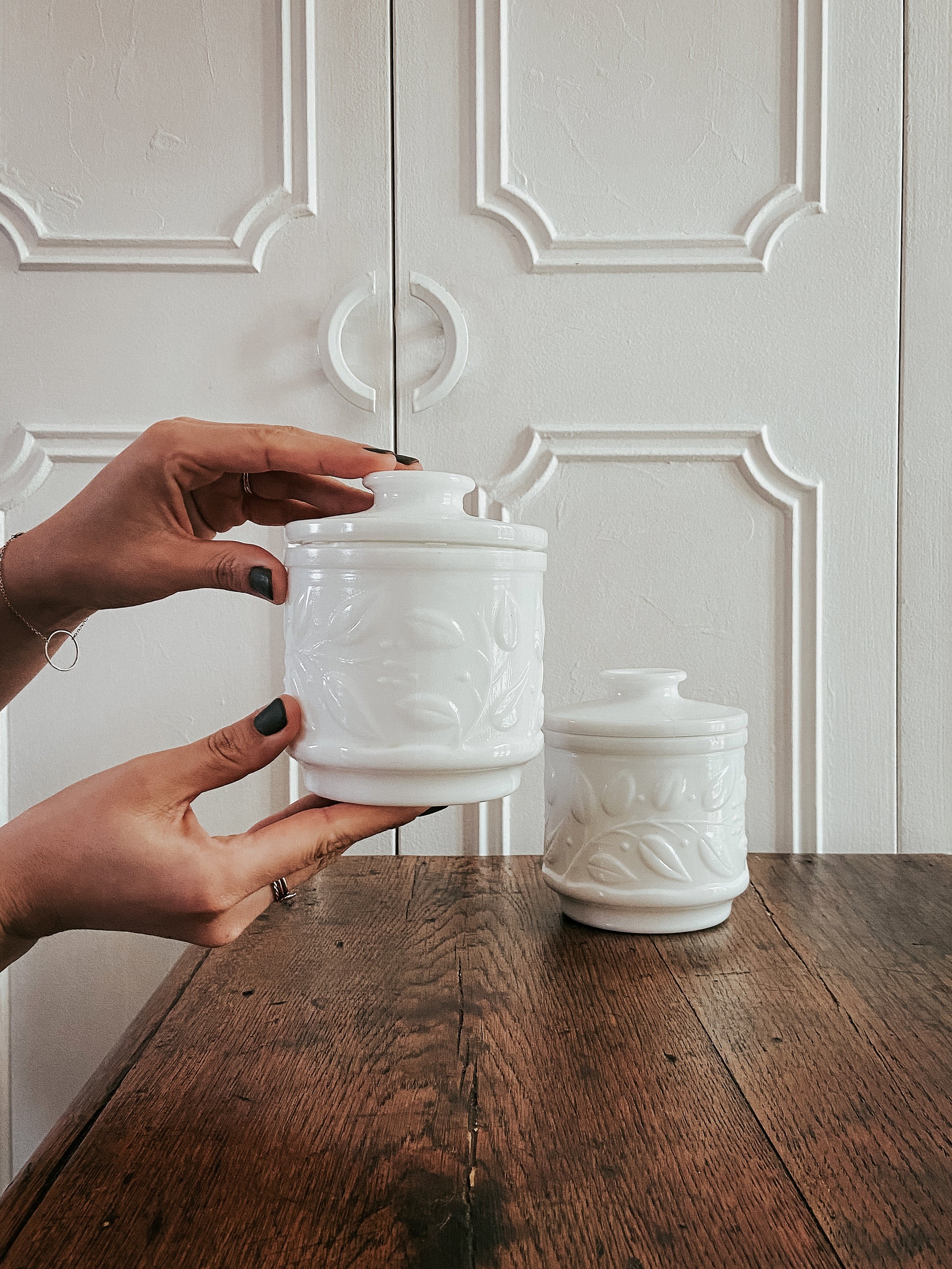 Pot Opaline Blanc - Motif feuilles