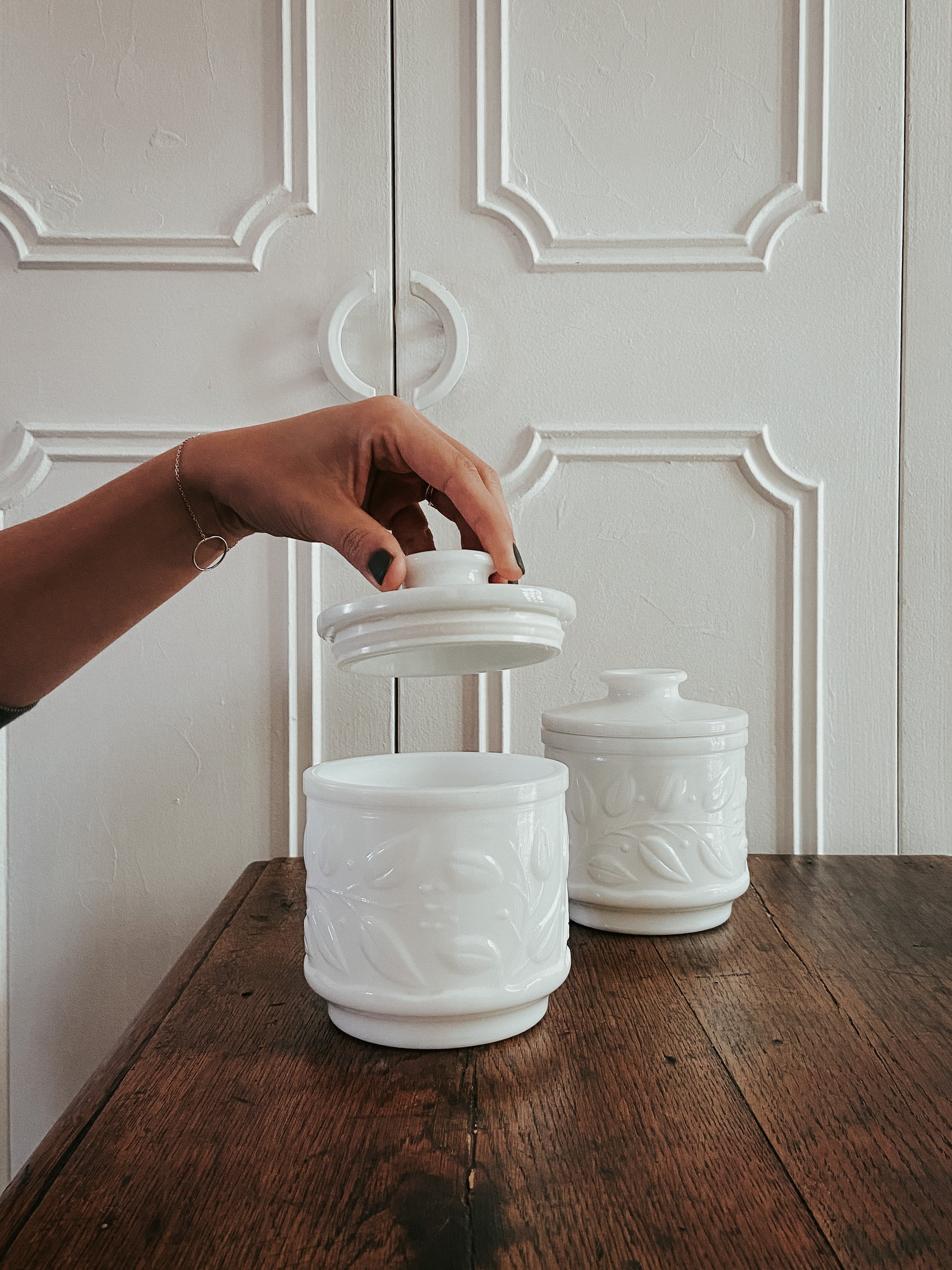 Pot Opaline Blanc - Motif feuilles