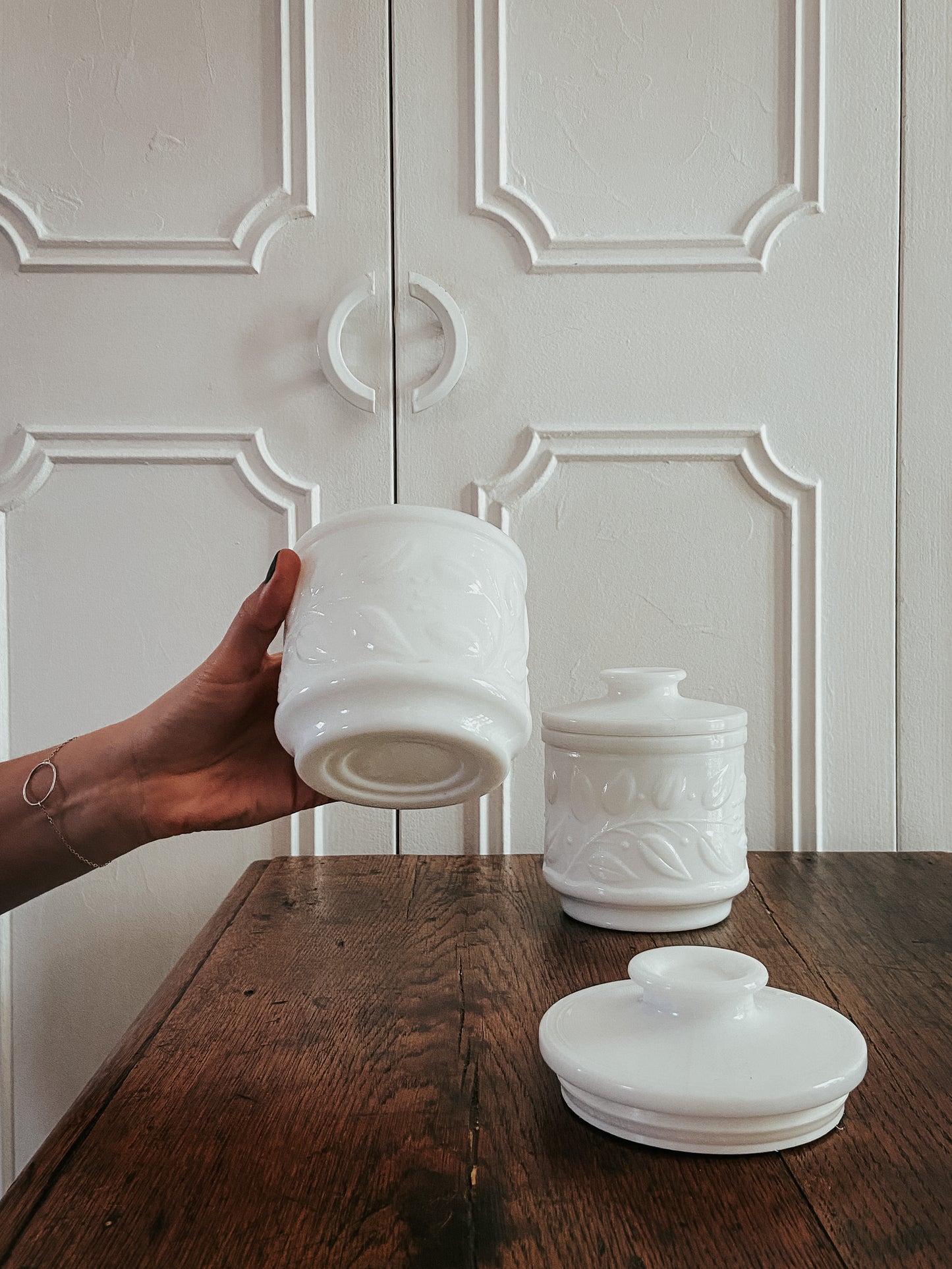 Pot Opaline Blanc - Motif feuilles