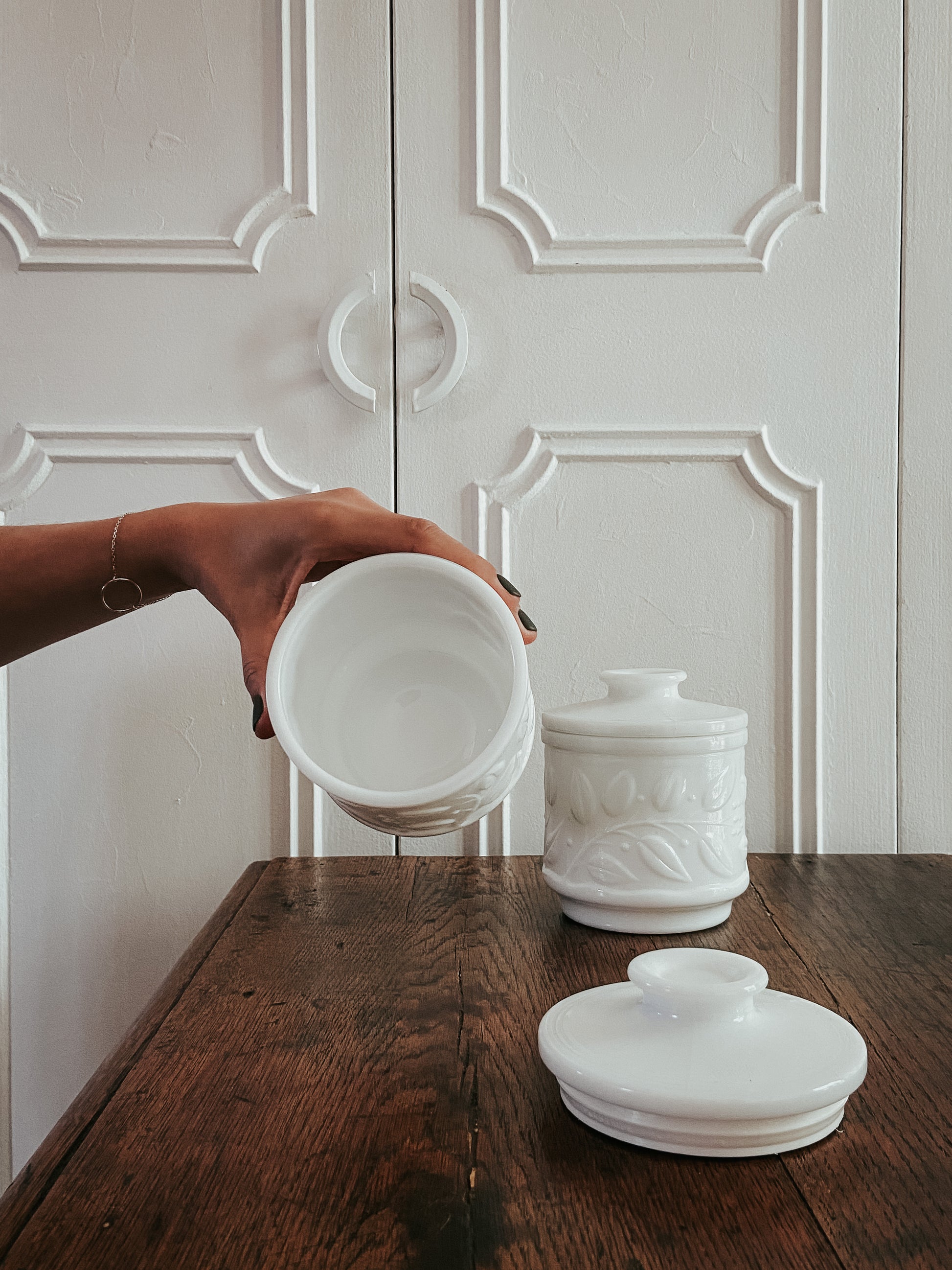 Pot Opaline Blanc - Motif feuilles